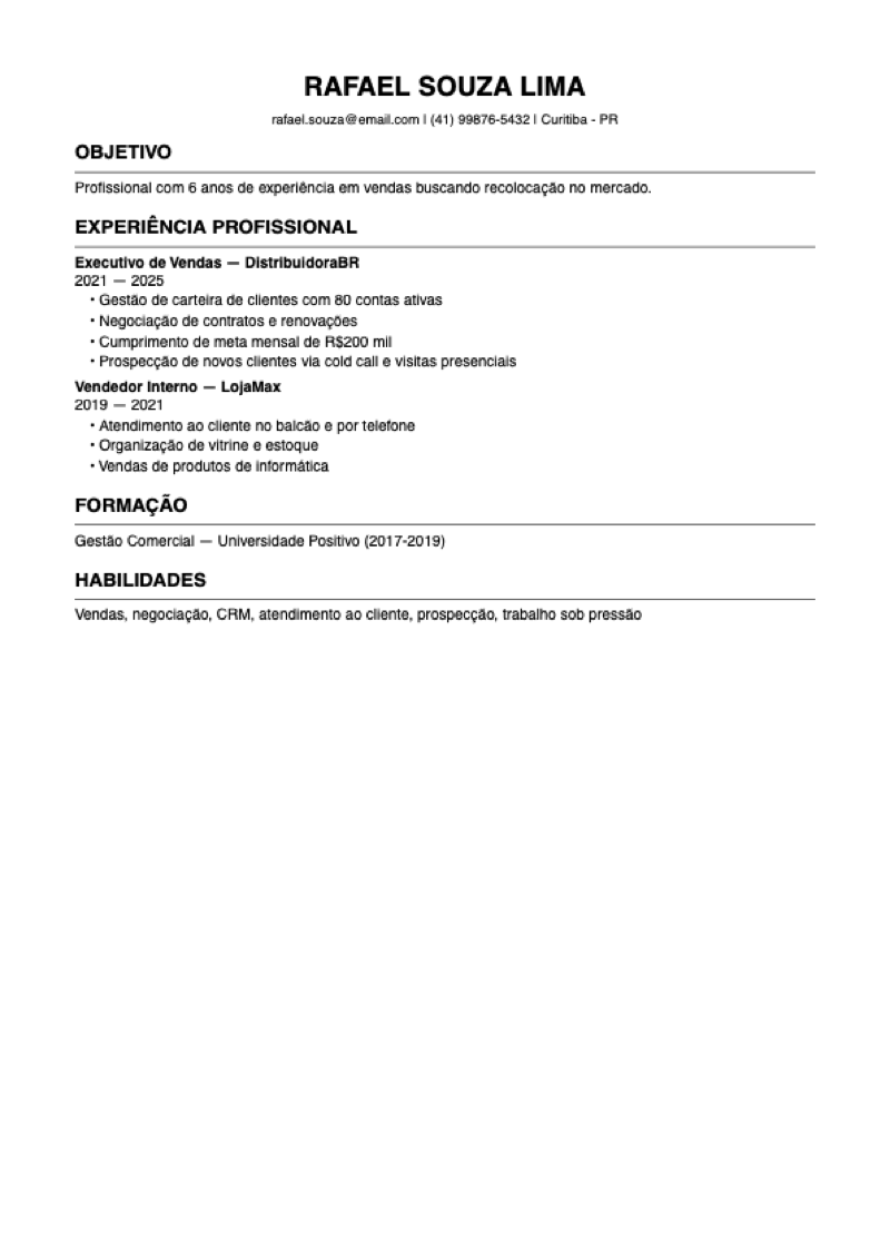 Currículo de vendedor antes — focado 100% em vendas, sem menção a dados